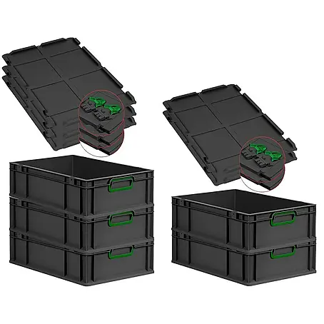 SuperSparSet 5x Eurobox NextGen Color mit Scharnierdeckel und Schiebeschnappverschlüssen | HxBxT 17x40x60cm | 34 Liter | Schwarz | Griffe grün geschlossen | Eurobehälter, Transportbox, Transportbehälter, Stapelbehälter