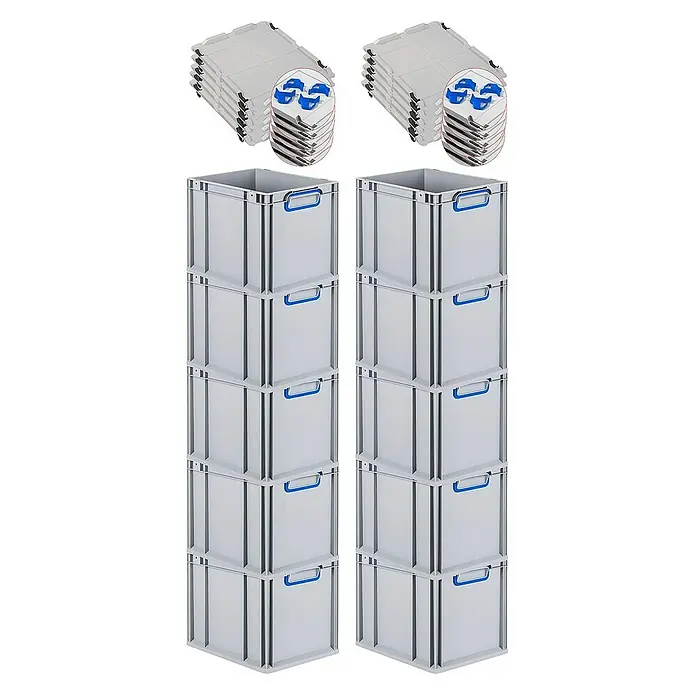 Proregal Euroboxen-Set 10x Eurobox NextGen Color mit Auflagedeckel und Schiebeschnappverschlüsse - Kunststoff, Grau, Blau, 10 Stk. - Abbildung von zwei Stapeln grauer Kunststoffboxen mit blauen Griffen und Deckeln, die sich ideal für die Lagerung eignen.