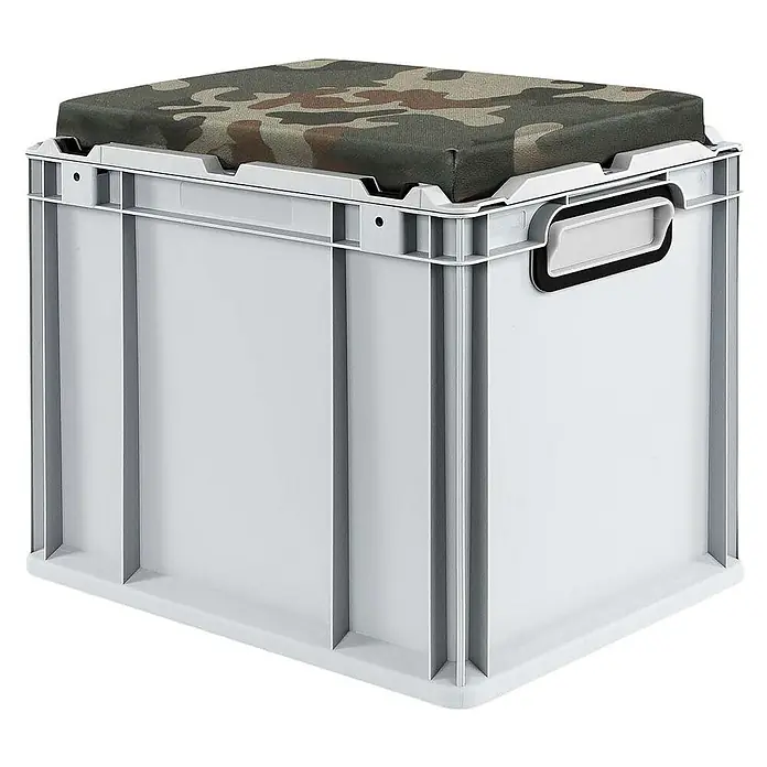 Proregal Euroboxen-Set 4x Eurobox NextGen Seat Box Camouflage - L x B x H: 40 x 30 x 36,5 cm, Kunststoff, Grau, Camouflage, 4 Stk. - Ein grauer Kunststoffbehälter mit Tarnmusterkissen als Deckel. Praktische Aufbewahrungslösung für diverse Gegenstände.