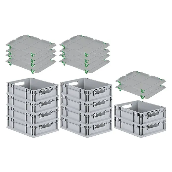 Proregal Euroboxen-Set 10x Eurobox NextGen Grip mit Auflagedeckel inkl. 4 grünen Verschlüssen - L x B x H: 40 x 30 x 12 cm, Kunststoff, Grau, 10 Stk. - Ein Foto zeigt graue Kunststoffbehälter und -deckel, die für die Lagerung und den Transport verschiedener Gegenstände geeignet sind.