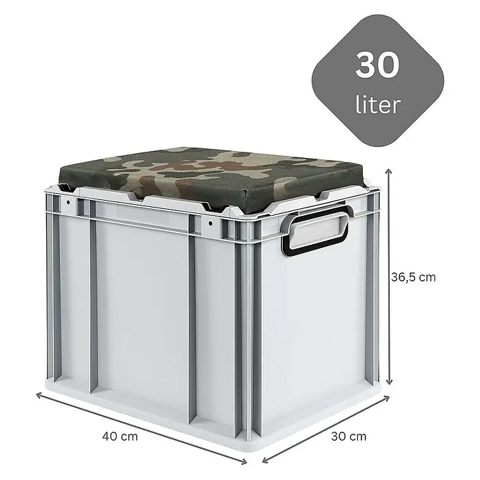 Proregal Euroboxen-Set 4x Eurobox NextGen Seat Box Camouflage - L x B x H: 40 x 30 x 36,5 cm, Kunststoff, Grau, Camouflage, 4 Stk. - Graue Aufbewahrungsbox mit Tarnmusterkissen. Die Box ist 40 cm breit, 30 cm tief, 36,5 cm hoch und hat ein Volumen von 30 Litern.