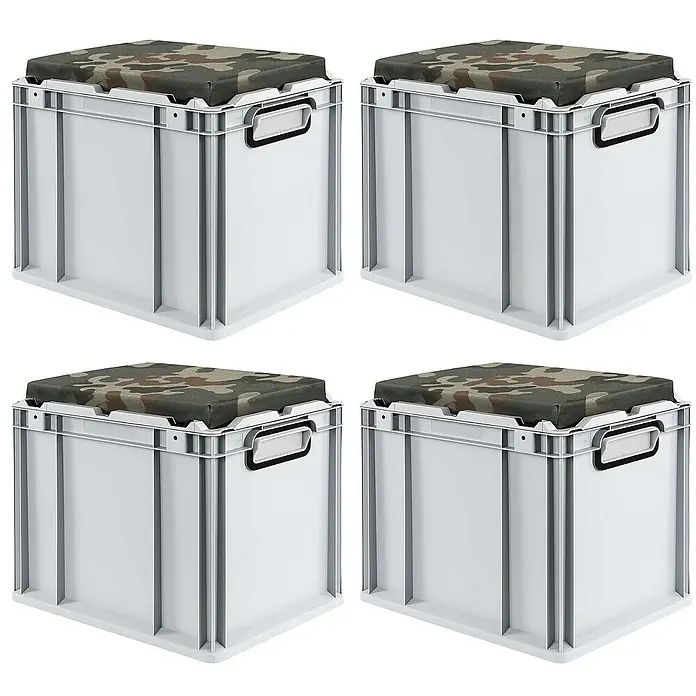 Proregal Euroboxen-Set 4x Eurobox NextGen Seat Box Camouflage - L x B x H: 40 x 30 x 36,5 cm, Kunststoff, Grau, Camouflage, 4 Stk. - Vier weiße Aufbewahrungsboxen mit Tarnmuster-Sitzkissen, ideal für Ordnung und zusätzlichen Komfort.