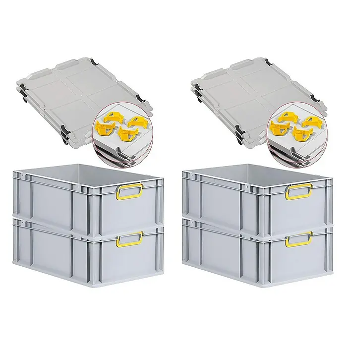 Proregal Euroboxen-Set 4x Eurobox NextGen Color mit Auflagedeckel und Schiebeschnappverschlüsse - L x B x H: 60 x 40 x 22 cm, Kunststoff, Grau, Gelb, 4 Stk. - Zwei Stapel grauer Kunststoffboxen mit gelben Griffen und Deckeln mit Verschlüssen, ideal für Lagerung und Transport.