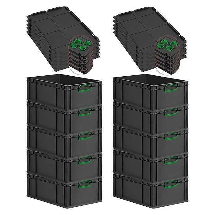 Proregal Euroboxen-Set 10x Eurobox NextGen Color mit Auflagedeckel und Schiebeschnappverschlüsse - L x B x H: 60 x 40 x 22 cm, Kunststoff, Schwarz, Grün, 10 Stk. - Abbildung von zwei Stapeln grauer Kunststoffbehälter mit grünen Griffen und passenden grauen Deckeln.