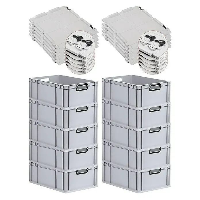 SuperSparSet 10x Eurobox NextGen Color mit Scharnierdeckel und Schiebeschnappverschlüssen | HxBxT 22x40x60cm | 44 Liter | Grau | Griffe schwarz offen | Verstärkter Boden | Eurobehälter, Transportbox, Transportbehälter, Stapelbehälter -  - Das Bild zeigt zwei Stapel grauer Kunststoffkisten mit passenden Deckeln, ideal für Lagerung und Organisation.