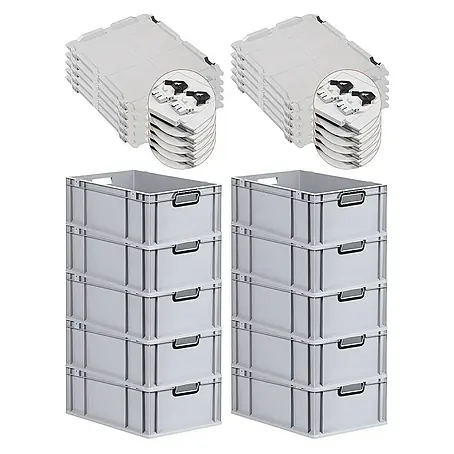 SuperSparSet 10x Eurobox NextGen Color mit Scharnierdeckel und Schiebeschnappverschlüssen | HxBxT 22x40x60cm | 44 Liter | Grau | Griffe schwarz offen | Verstärkter Boden | Eurobehälter, Transportbox, Transportbehälter, Stapelbehälter