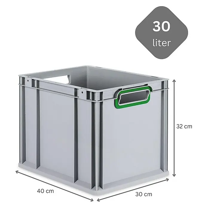 Proregal Euroboxen-Set 5x Eurobox NextGen Color - L x B x H: 40 x 30 x 32 cm, Kunststoff, Grau, Grün, 5 Stk. - Graue 30-Liter-Kunststoffbox mit grünen Griffen, ideal für Lagerung und Transport. Robuste Bauweise mit den Maßen 40x30x32 cm.