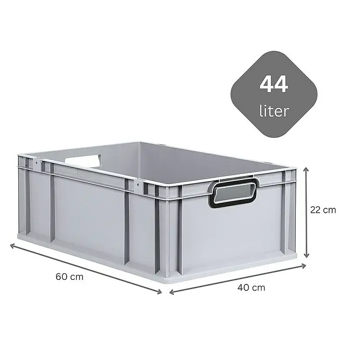SuperSparSet 10x Eurobox NextGen Color mit Scharnierdeckel und Schiebeschnappverschlüssen | HxBxT 22x40x60cm | 44 Liter | Grau | Griffe schwarz offen | Verstärkter Boden | Eurobehälter, Transportbox, Transportbehälter, Stapelbehälter -  - Abgebildet ist eine graue Kunststoffbox mit den Maßen 60 x 40 x 22 cm und einem Fassungsvermögen von 44 Litern.