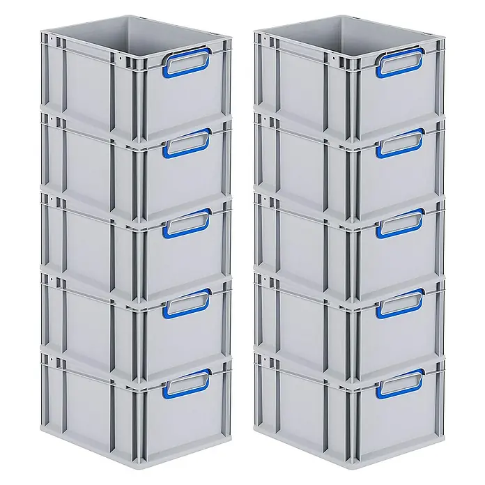 Proregal Euroboxen-Set 10x Eurobox NextGen Color - L x B x H: 40 x 30 x 22 cm, Kunststoff, Grau, Blau, 10 Stk. - Zwei Stapel grauer Kunststoffbehälter mit blauen Griffen, perfekt für Lagerung und Organisation.