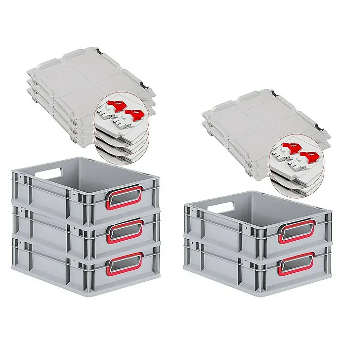 Proregal Euroboxen-Set 5x Eurobox NextGen Color mit Scharnierdeckel und Verschlüssen - L x B x H: 40 x 30 x 12 cm, Kunststoff, Grau, Rot, 5 Stk. - Stapelbare Eurobehälter und Deckel. Die idealen Lagerlösungen für verschiedene Industriebereiche. Robust und vielseitig.
