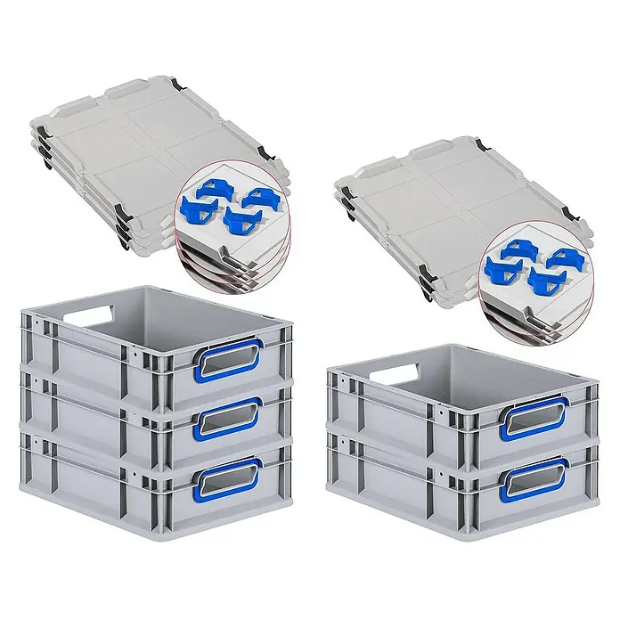 Proregal Euroboxen-Set 5x Eurobox NextGen Color mit Auflagedeckel und Schiebeschnappverschlüsse - L x B x H: 40 x 30 x 12 cm, Kunststoff, Grau, Blau, 5 Stk. - Stapelbare, graue Lagerkisten und Deckel mit blauen Halterungen. Ideal für Ordnung und Organisation in Lager und Werkstatt.