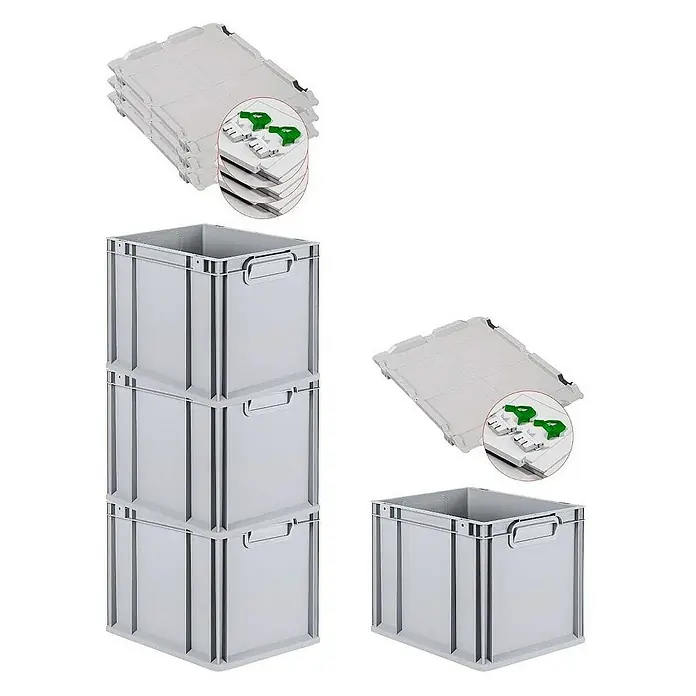 Proregal Euroboxen-Set 4x Eurobox NextGen Grip mit Scharnierdeckel und grünen Verschlüssen - Kunststoff, Grau, 4 Stk. - Stapelbare Kunststoffbehälter mit zugehörigen Deckeln, ideal für Lagerung und Transport.