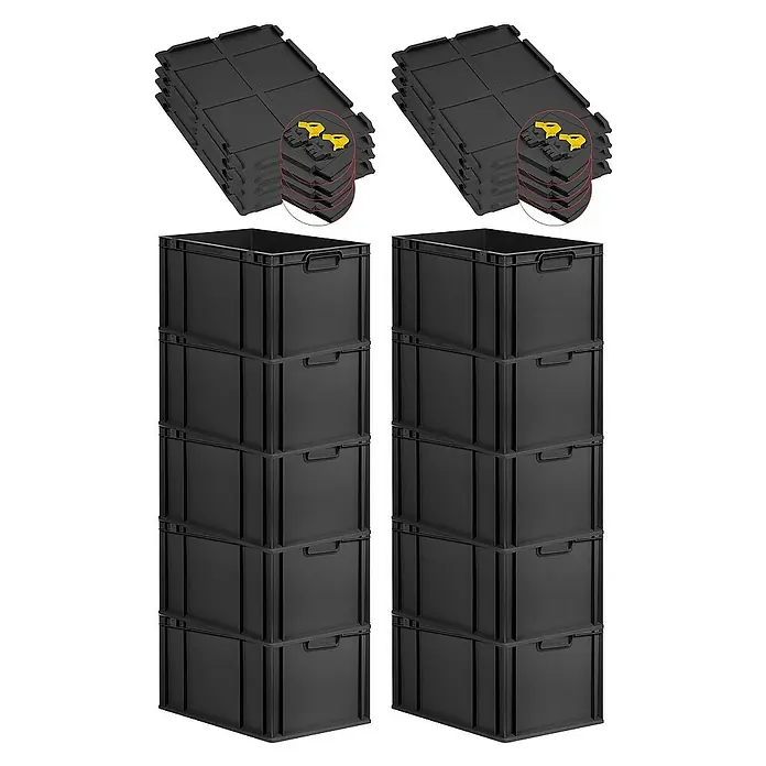 Proregal Euroboxen-Set 10x Eurobox NextGen Grip mit Scharnierdeckel und gelben Verschlüssen - L x B x H: 60 x 40 x 32 cm, Kunststoff, Schwarz, 10 Stk. - Abgebildete sind schwarze Aufbewahrungsboxen und Deckelstapel. Ideal für Organisation und Lagerung, robust und vielseitig.