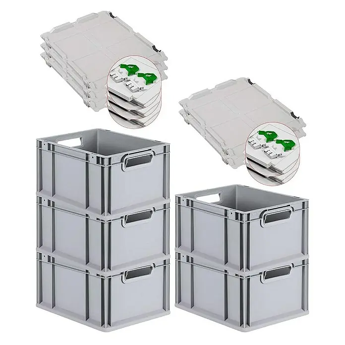 Proregal Euroboxen-Set 5x Eurobox NextGen Economy mit Scharnierdeckel und grünen Verschlüssen - L x B x H: 40 x 30 x 22 cm, Kunststoff, Grau, 5 Stk. - Bild von grauen Euroboxen, einige gestapelt und einige mit passenden Deckeln, die für eine sichere Aufbewahrung und Organisation sorgen.