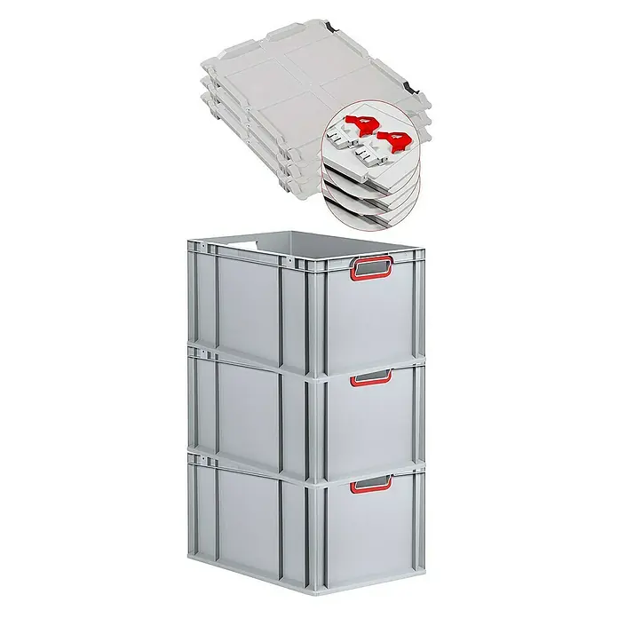 Proregal Euroboxen-Set 3x Eurobox NextGen Color mit Scharnierdeckel und Verschlüssen - L x B x H: 60 x 40 x 32 cm, Kunststoff, Grau, Rot, 3 Stk. - Drei graue Kunststoffbehälter gestapelt und Kunststoffbehälter-Deckel mit roten Verschlussclips.