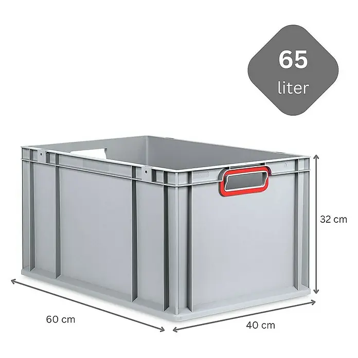 Proregal Euroboxen-Set 3x Eurobox NextGen Color mit Scharnierdeckel und Verschlüssen - L x B x H: 60 x 40 x 32 cm, Kunststoff, Grau, Rot, 3 Stk. - Graue Kunststoffbox mit den Maßen 60 x 40 x 32 cm und einem Fassungsvermögen von 65 Litern.