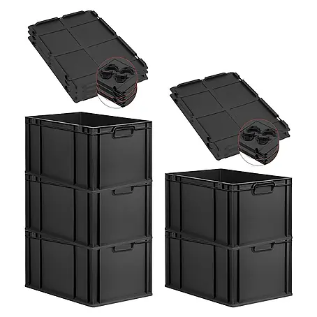 SparSet 5x Eurobox NextGen Grip mit Auflagedeckel inkl. 4 schwarzen Schiebeschnappverschlüssen | HxBxT 32x40x60cm | 65 Liter | Schwarz | Griffe geschlossen | Verstärkter Boden | Eurobehälter, Transportbox, Transportbehälter, Stapelbehälter
