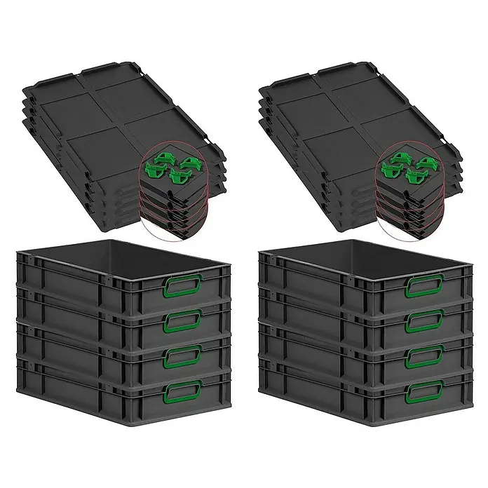 Proregal Euroboxen-Set 8x Eurobox NextGen Color mit Auflagedeckel und Schiebeschnappverschlüsse - L x B x H: 60 x 40 x 12 cm, Kunststoff, Schwarz, Grün, 8 Stk. - Das Bild zeigt mehrere graue Lagerboxen mit grünen Griffen und graue Deckel mit grünen Clips.