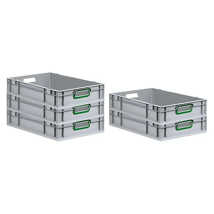 Proregal Euroboxen-Set 5x Eurobox NextGen Color - L x B x H: 60 x 40 x 12 cm, Kunststoff, Grau, Grün, 5 Stk. - Graue Kunststoffbehälter, stapelbar und mit grünen Griffen versehen, ideal für Lagerung und Transport.