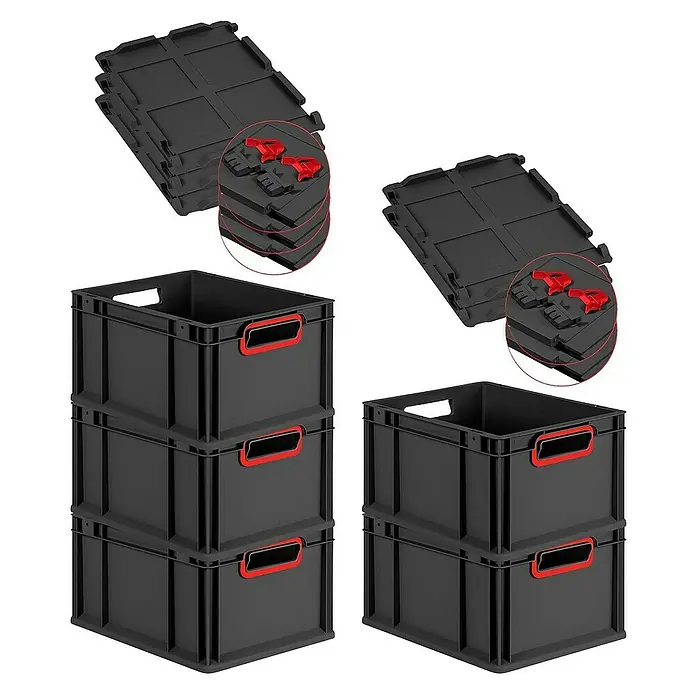 Proregal Euroboxen-Set 5x Eurobox NextGen Color mit Scharnierdeckel und Verschlüssen - L x B x H: 40 x 30 x 22 cm, Kunststoff, Schwarz, Rot, 5 Stk. - Stapelbare, schwarze Lagerboxen mit roten Griffen und Deckeln. Ideal für Ordnung und Lagerung in Werkstatt oder Garage.