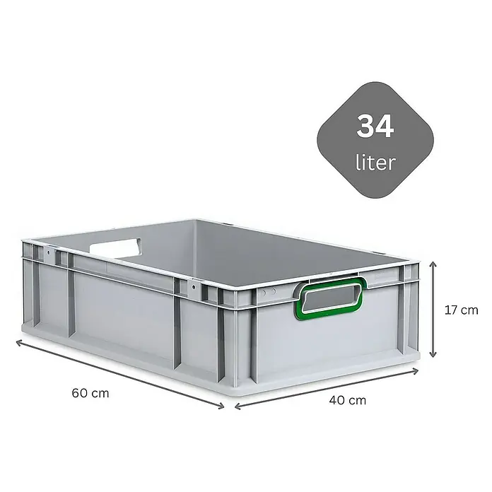 Proregal Euroboxen-Set 10x Eurobox NextGen Color mit Scharnierdeckel und Verschlüssen - L x B x H: 60 x 40 x 17 cm, Kunststoff, Grau, Grün, 10 Stk. - Graue Kunststoffbox mit grünen Griffen und den Maßen 60 x 40 x 17 cm. Das Volumen der Box beträgt 34 Liter.