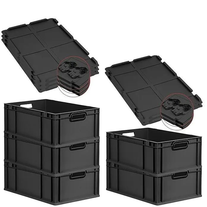 Proregal Euroboxen-Set 5x Eurobox NextGen Color mit Scharnierdeckel und Verschlüssen - L x B x H: 60 x 40 x 22 cm, Kunststoff, Schwarz, Schwarz, 5 Stk. - Bild von schwarzen Euroboxen mit Deckeln. Das Set aus robustem Kunststoff bietet vielseitige Aufbewahrungslösungen für den Alltag.