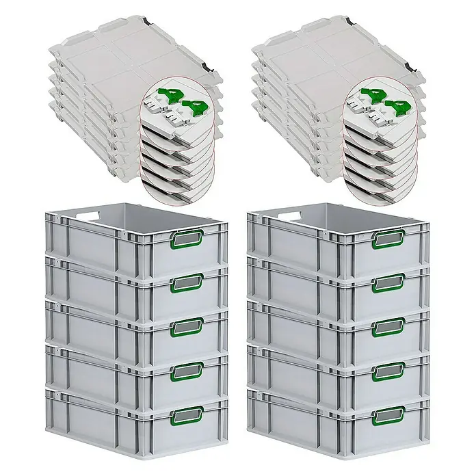 Proregal Euroboxen-Set 10x Eurobox NextGen Color mit Scharnierdeckel und Verschlüssen - L x B x H: 60 x 40 x 17 cm, Kunststoff, Grau, Grün, 10 Stk. - Mehrere Stapel grauer Kunststoffboxen und zugehörige Deckel mit grünen Verschlüssen, ideal für Lagerung und Transport.