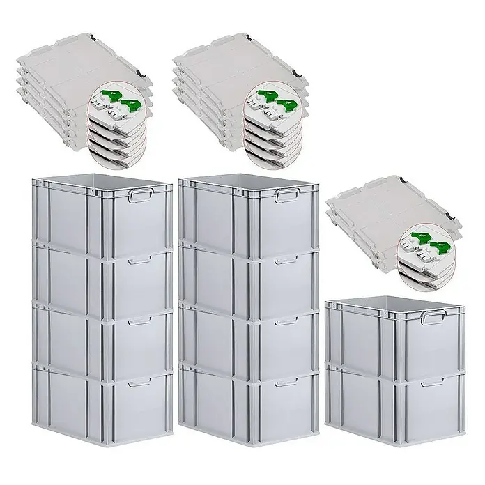 Proregal Euroboxen-Set 10x Eurobox NextGen Grip mit Scharnierdeckel und grünen Verschlüssen - L x B x H: 60 x 40 x 32 cm, Kunststoff, Grau, 10 Stk. - Das Bild zeigt eine Anordnung von grauen Lagerboxen aus Kunststoff und transparenten Deckeln, die für eine ordentliche und platzsparende Aufbewahrung sorgen.