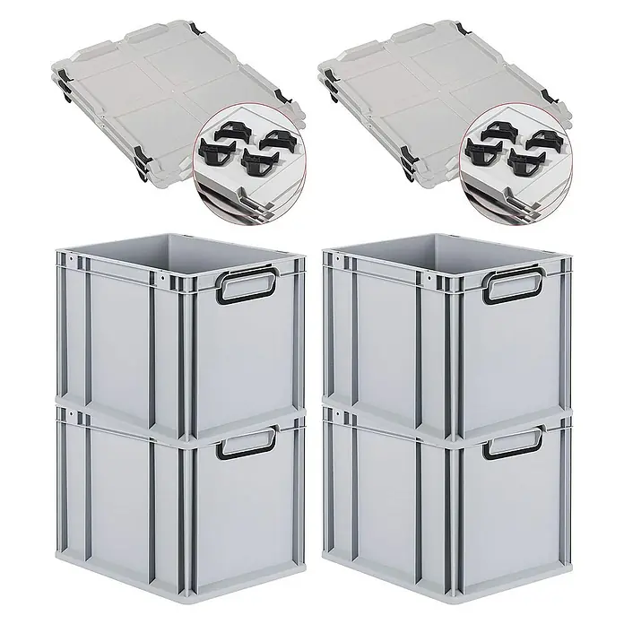 Proregal Euroboxen-Set 4x Eurobox NextGen Color mit Auflagedeckel und Schiebeschnappverschlüsse - Kunststoff, Grau, Schwarz, 4 Stk. - Abgebildet sind zwei Stapel grauer Euroboxen mit passenden Deckeln, die Ordnung und Organisation für verschiedene Zwecke bieten.