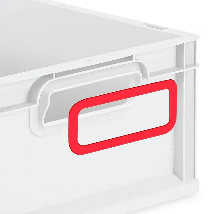 Proregal Euroboxen-Set 5x Eurobox NextGen Color - Kunststoff, Grau, Rot, 5 Stk. - Nahaufnahme eines weißen Aufbewahrungsbehälters mit einem roten Griff, der ein stilvolles und praktisches Aufbewahrungssystem zeigt.
