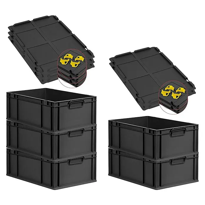 Proregal Euroboxen-Set 5x Eurobox NextGen Grip mit Auflagedeckel inkl. 4 gelben Verschlüssen - L x B x H: 60 x 40 x 22 cm, Kunststoff, Schwarz, 5 Stk. - Schwarze Eurobehälter und dazugehörige Deckel, ideal für Lagerung und Transport. Praktische und robuste Aufbewahrungslösung.