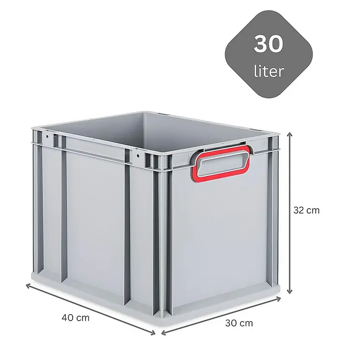 Proregal Euroboxen-Set 5x Eurobox NextGen Color - Kunststoff, Grau, Rot, 5 Stk. - Graue Kunststoffbox mit roten Griffen, 30 Liter Fassungsvermögen und den Maßen 40x30x32 cm.