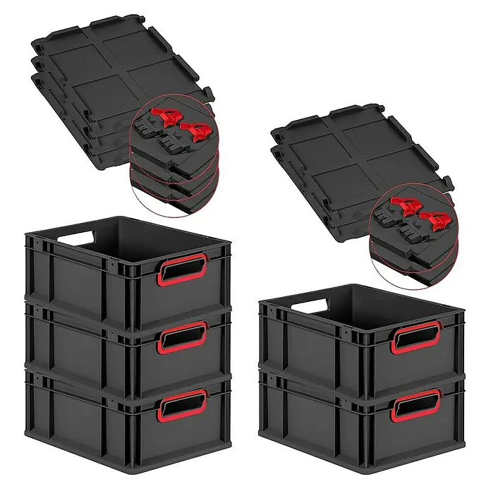Proregal Euroboxen-Set 5x Eurobox NextGen Color mit Scharnierdeckel und Verschlüssen - L x B x H: 40 x 30 x 17 cm, Kunststoff, Schwarz, Rot, 5 Stk. - Schwarze Kunststoffboxen mit roten Griffen und dazugehörige Deckel, stapelbar und ideal für Lagerung.