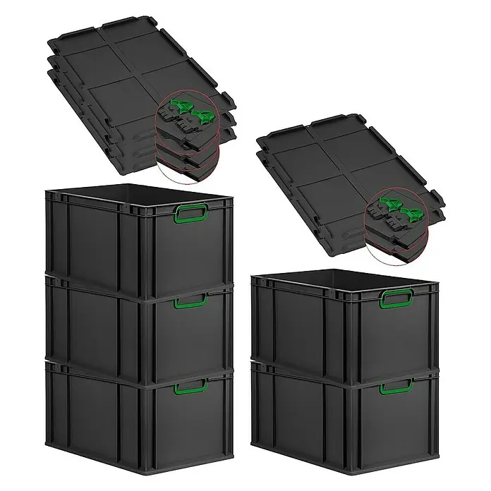Proregal Euroboxen-Set 5x Eurobox NextGen Color mit Scharnierdeckel und Verschlüssen - L x B x H: 60 x 40 x 32 cm, Kunststoff, Schwarz, Grün, 5 Stk. - Graue Eurobehälter mit grünen Griffen und Deckel zur Aufbewahrung und zum Transport verschiedener Gegenstände.