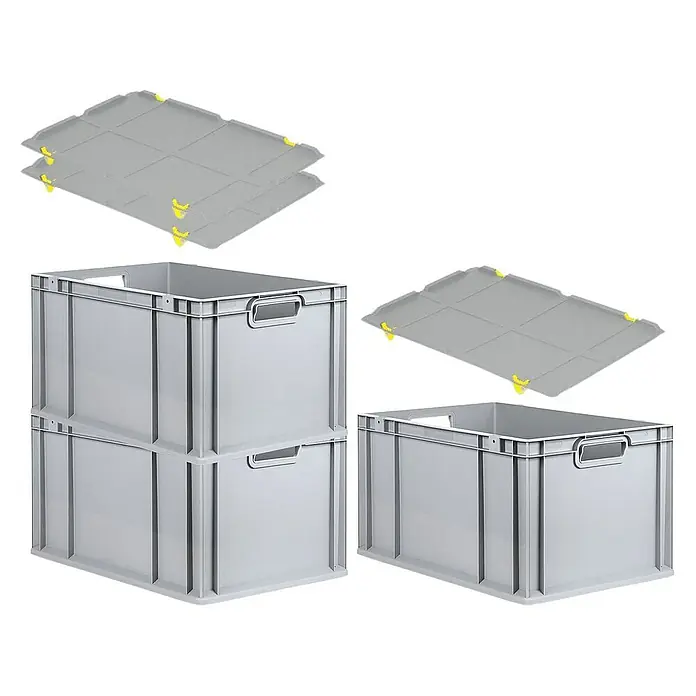 Proregal Euroboxen-Set 3x Eurobox NextGen Grip mit Auflagedeckel inkl. 4 gelben Verschlüssen - L x B x H: 60 x 40 x 32 cm, Kunststoff, Grau, 3 Stk. - Graue Eurobehälter mit Deckeln. Stapelbare Kunststoffbehälter und passende Deckel für den sicheren Transport und Lagerung von Gütern.