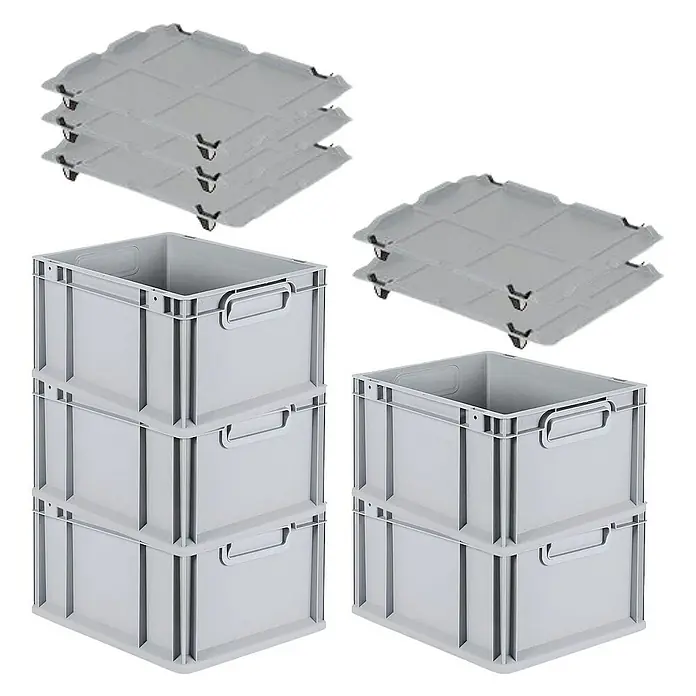 Proregal Euroboxen-Set 5x Eurobox NextGen Grip mit Auflagedeckel inkl. 4 schwarzen Verschlüssen - L x B x H: 40 x 30 x 22 cm, Kunststoff, Grau, 5 Stk. - Graue Kunststoffboxen und Rollbretter im Set. Die Boxen sind stapelbar und haben Griffe, die Rollbretter haben Rollen für einfachen Transport.