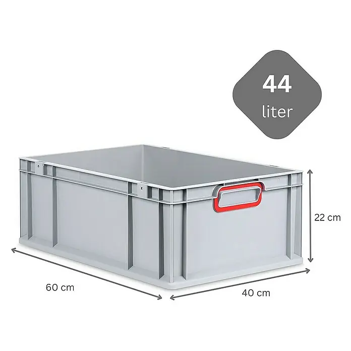Proregal Euroboxen-Set 5x Eurobox NextGen Color mit Scharnierdeckel und Verschlüssen - L x B x H: 60 x 40 x 22 cm, Kunststoff, Grau, Rot, 5 Stk. - Graue Kunststoffbox mit roten Griffen und den Maßen 60 x 40 x 22 cm, Volumen 44 Liter.