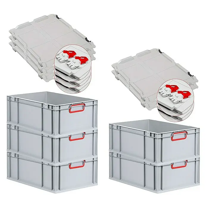 Proregal Euroboxen-Set 5x Eurobox NextGen Color mit Scharnierdeckel und Verschlüssen - L x B x H: 60 x 40 x 22 cm, Kunststoff, Grau, Rot, 5 Stk. - Stapelbare Kunststoffboxen und Deckel. Die Boxen sind grau und haben rote Griffe. Die Deckel sind ebenfalls grau und stapelbar mit roten Verriegelungen.