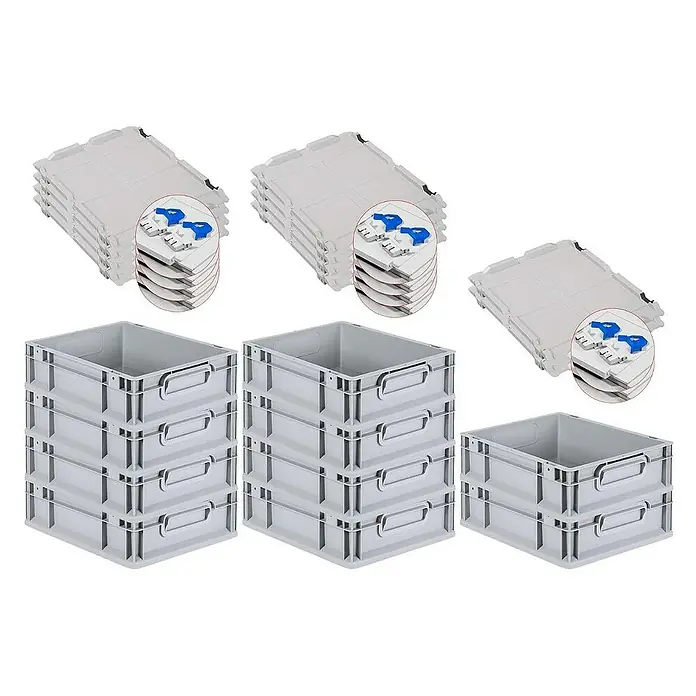 Proregal Euroboxen-Set 10x Eurobox NextGen Economy mit Scharnierdeckel und blauen Verschlüssen - L x B x H: 40 x 30 x 12 cm, Kunststoff, Grau, 10 Stk. - Eine Ansicht von grauen Lagerboxen und Deckeln. Die Boxen und Deckel sind stapelbar und für eine effiziente Lagerung konzipiert.