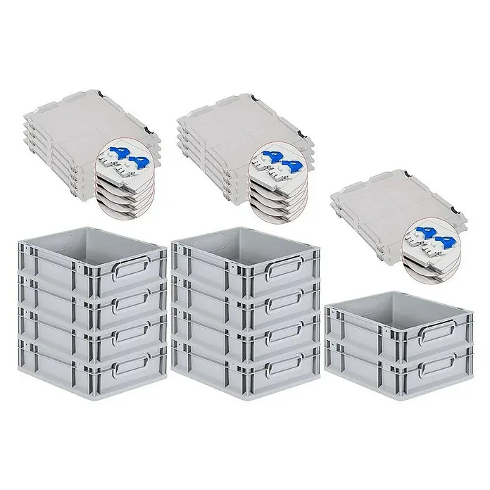 Proregal Euroboxen-Set 10x Eurobox NextGen Grip mit Scharnierdeckel und blauen Verschlüssen - L x B x H: 40 x 30 x 12 cm, Kunststoff, Grau, 10 Stk. - Produktansicht von grauen Lagerboxen und Deckeln im Stapel. Optimal für Lagerung und Transport.