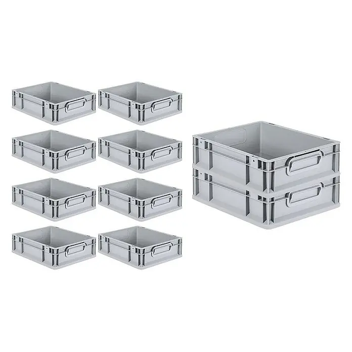 Proregal Euroboxen-Set 10x Eurobox NextGen Grip mit Scharnierdeckel und blauen Verschlüssen - L x B x H: 40 x 30 x 12 cm, Kunststoff, Grau, 10 Stk. - Das Bild zeigt neun einzelne graue Kunststoffbehälter und einen Stapel aus zwei grauen Kunststoffbehältern, alle mit Griffen.