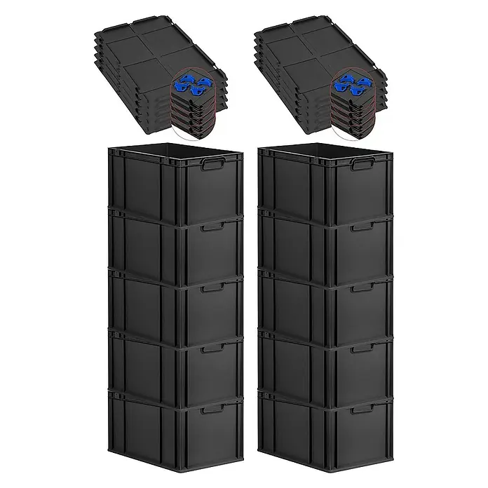 Proregal Euroboxen-Set 10x Eurobox NextGen Grip mit Auflagedeckel inkl. 4 blauen Verschlüssen - L x B x H: 60 x 40 x 32 cm, Kunststoff, Schwarz, 10 Stk. - Schwarze Euroboxen mit Deckeln und passendem Zubehör, ideal für Lagerung und Transport. Praktisches Aufbewahrungssystem für Ordnung.