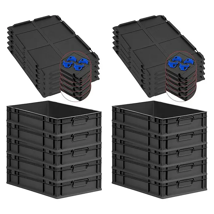 Proregal Euroboxen-Set 10x Eurobox NextGen Grip mit Auflagedeckel inkl. 4 blauen Verschlüssen - L x B x H: 60 x 40 x 12 cm, Kunststoff, Schwarz, 10 Stk. - Bild von zwei Stapeln schwarzer Kunststoffbehälter mit Deckeln, die für eine ordentliche Aufbewahrung und Organisation von Gegenständen verwendet werden können.