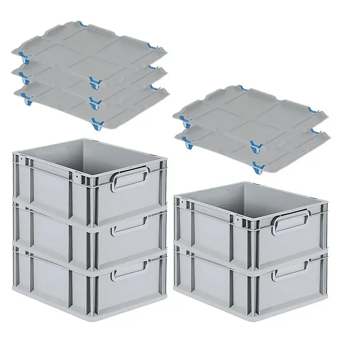 Proregal Euroboxen-Set 5x Eurobox NextGen Grip mit Auflagedeckel inkl. 4 blauen Verschlüssen - L x B x H: 40 x 30 x 17 cm, Kunststoff, Grau, 5 Stk. - Abgebildet sind graue Eurobehälter und zugehörige Deckel. Die Behälter sind stapelbar und robust. Ideal für Lagerung und Transport.