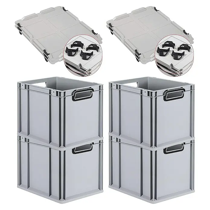 Proregal Euroboxen-Set 4x Eurobox NextGen Color mit Auflagedeckel und Schiebeschnappverschlüsse - Kunststoff, Grau, Schwarz, 4 Stk. - Vier graue Kunststoffboxen mit schwarzen Griffen und zwei graue Deckel mit schwarzen Verschlüssen für die Boxen.