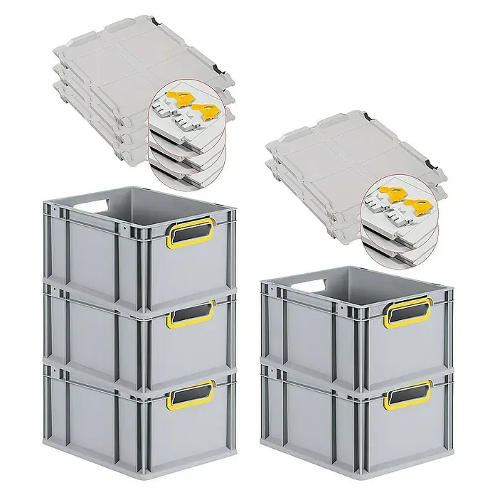 Proregal Euroboxen-Set 5x Eurobox NextGen Color mit Scharnierdeckel und Verschlüssen - L x B x H: 40 x 30 x 22 cm, Kunststoff, Grau, Gelb, 5 Stk. - Die grauen Lagerboxen mit gelben Griffen und dazugehörigen Deckeln sind ideal für die Lagerung. Praktisch und stapelbar für mehr Ordnung.