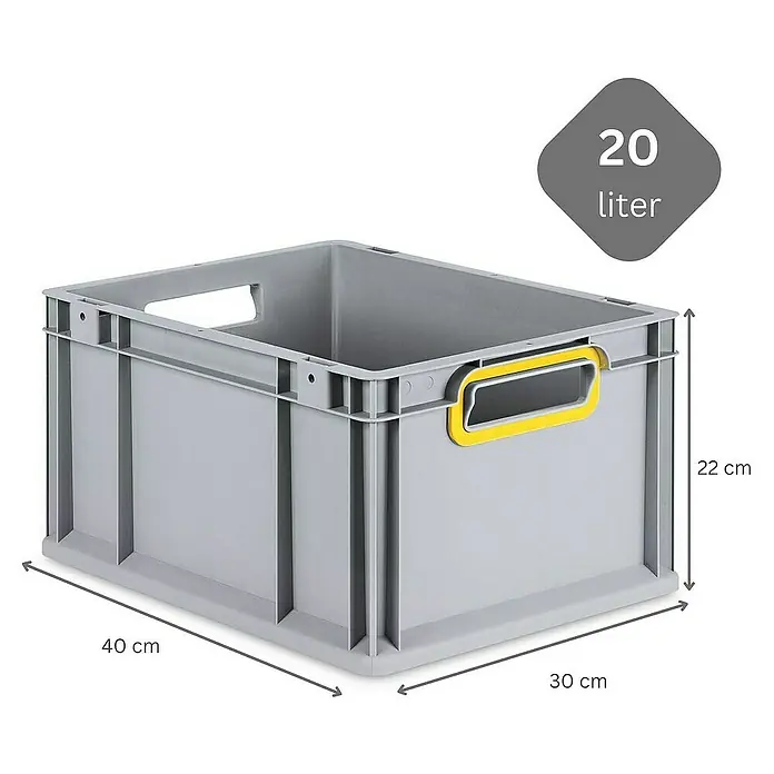 Proregal Euroboxen-Set 5x Eurobox NextGen Color mit Scharnierdeckel und Verschlüssen - L x B x H: 40 x 30 x 22 cm, Kunststoff, Grau, Gelb, 5 Stk. - Graue Kunststoffbox mit den Maßen 40x30x22 cm und einem Fassungsvermögen von 20 Litern.