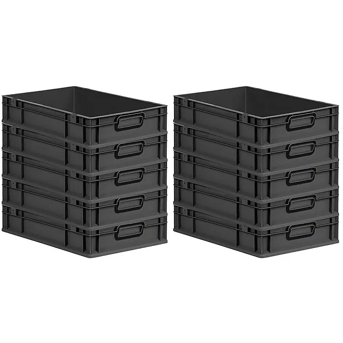 Proregal Euroboxen-Set 10x Eurobox NextGen Color - L x B x H: 60 x 40 x 12 cm, Kunststoff, Schwarz, Schwarz, 10 Stk. - Zwei Stapel schwarzer Kunststoffbehälter für Lagerung oder Organisation mit integrierten Griffen.
