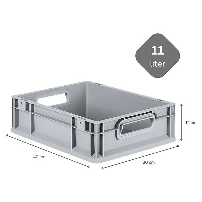 Proregal Euroboxen-Set 10x Eurobox NextGen Grip mit Scharnierdeckel und blauen Verschlüssen - L x B x H: 40 x 30 x 12 cm, Kunststoff, Grau, 10 Stk. - Graue Kunststoffbox mit den Maßen 40 x 30 x 12 cm und einem Fassungsvermögen von 11 Litern für Lagerung und Transport.