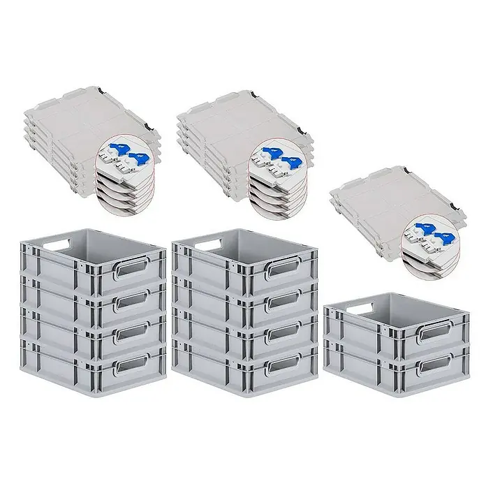 Proregal Euroboxen-Set 10x Eurobox NextGen Grip mit Scharnierdeckel und blauen Verschlüssen - L x B x H: 40 x 30 x 12 cm, Kunststoff, Grau, 10 Stk. - Stapelbare Kunststoffbehälter und Deckel. Praktische und robuste Aufbewahrungslösung für verschiedene Zwecke.